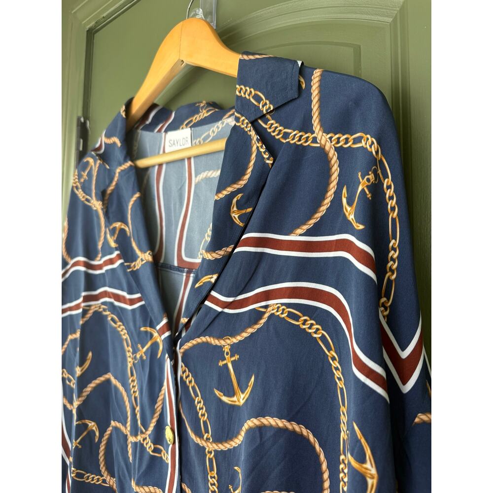 NWT Saylor Walton Nautical Status Print Top Resort Coastal Beach Deep Navy Small - Picture 2 of 5
